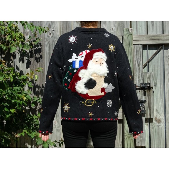 Vtg Design Originals Fuzzy Santa Christmas Cardigan "Ugly" Holiday Sweater - Picture 1 of 5